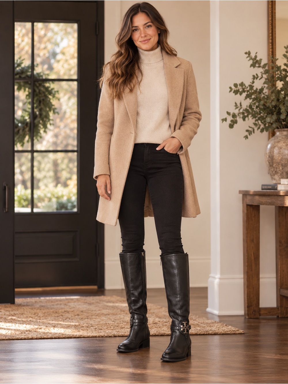 Tory Burch Black Leather Riding Boots Logo Medallion Knee High